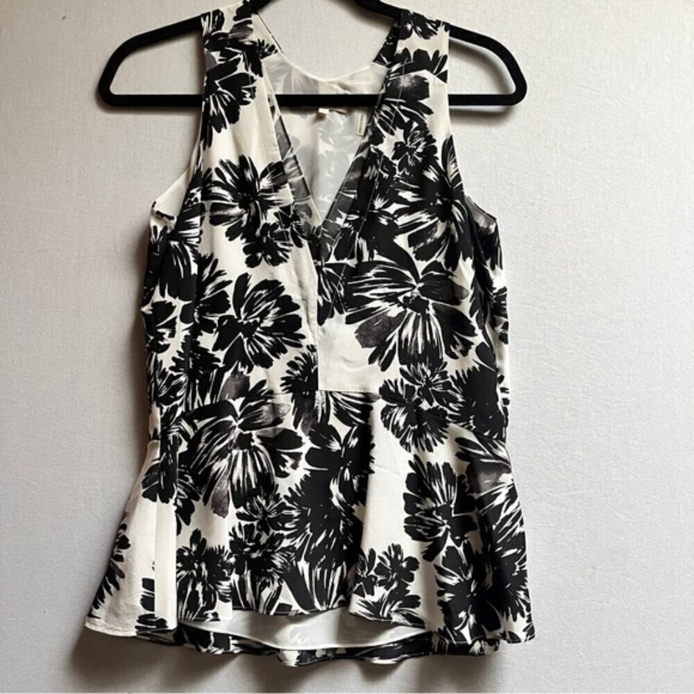 Rebecca Taylor Black White 100% Silk Floral Peplum Sleeveless Blouse 2